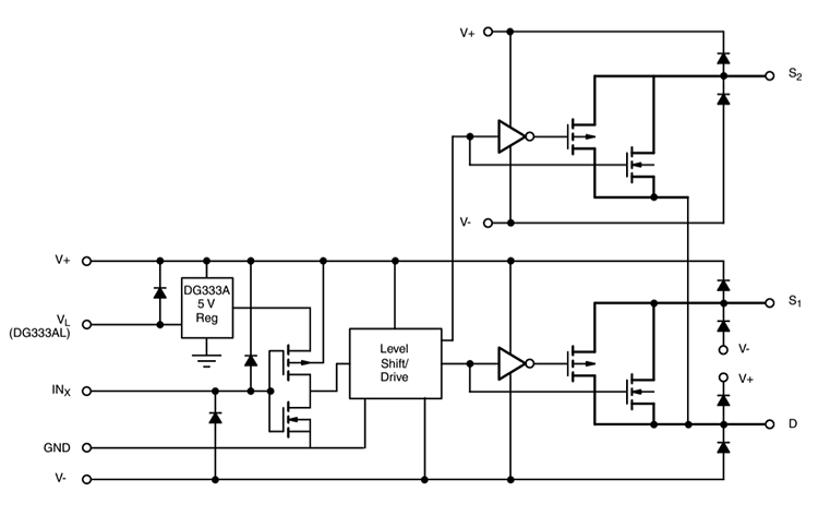 Schaltplan - Vishay / Siliconix DG333A/DG333AL Präzisions-Quad-SPDT-Analogschalter